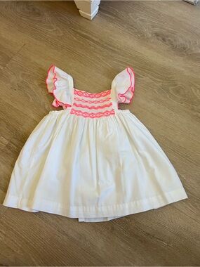 Jacadi White Dress with Neon Pink Smocking and Trim